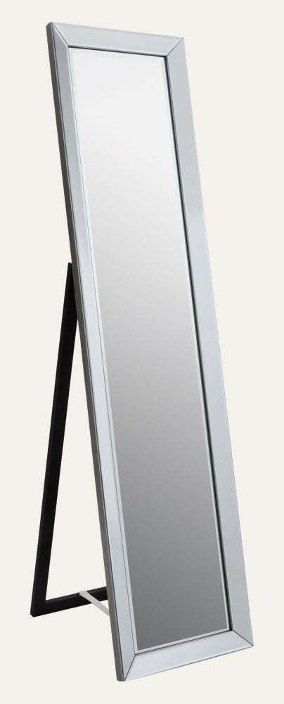 Auren Silver Floor Mirror — full-length rectangular mirror with a silver beveled frame and black easel support, shown angled upright.