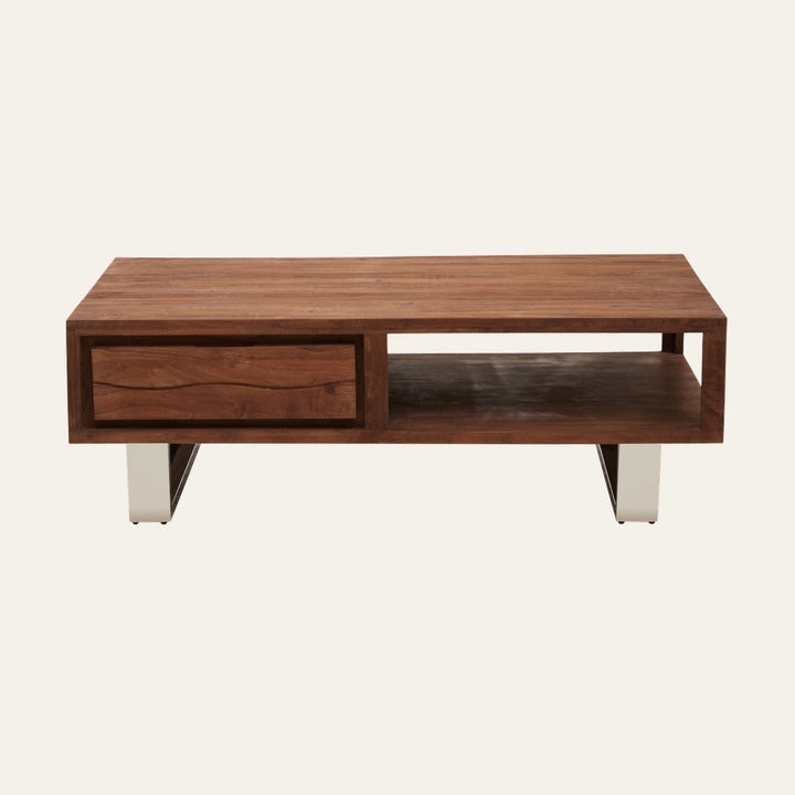 Avalora Acacia Storage Coffee Table — rectangular acacia wood table with warm brown finish, left storage drawer, open right shelf, and polished metal legs