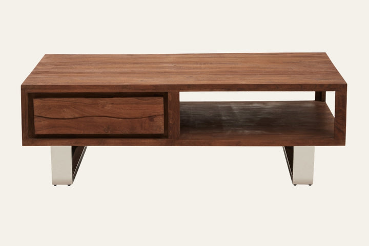 Avalora Acacia Storage Coffee Table — rectangular acacia wood top in warm brown finish with left storage drawer and right open shelf, supported by polished metal legs.