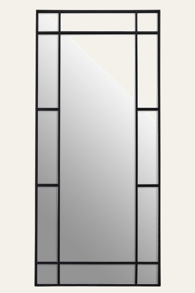 Aven Floor Standing Mirror — full-length rectangular mirror with black metal windowpane grid frame and divided side and top panels