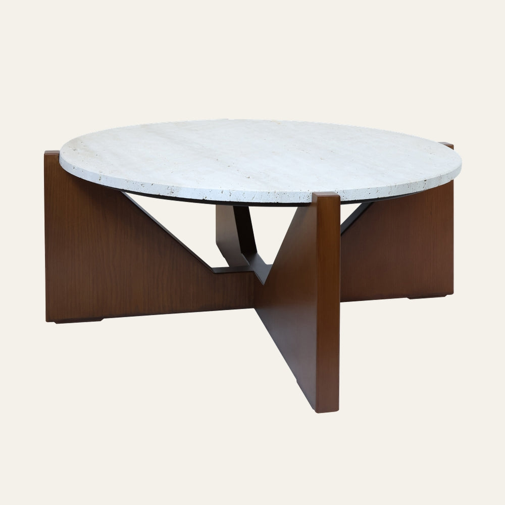 Belin Travertine Coffee Table with round white travertine top and angular warm brown wooden cross base