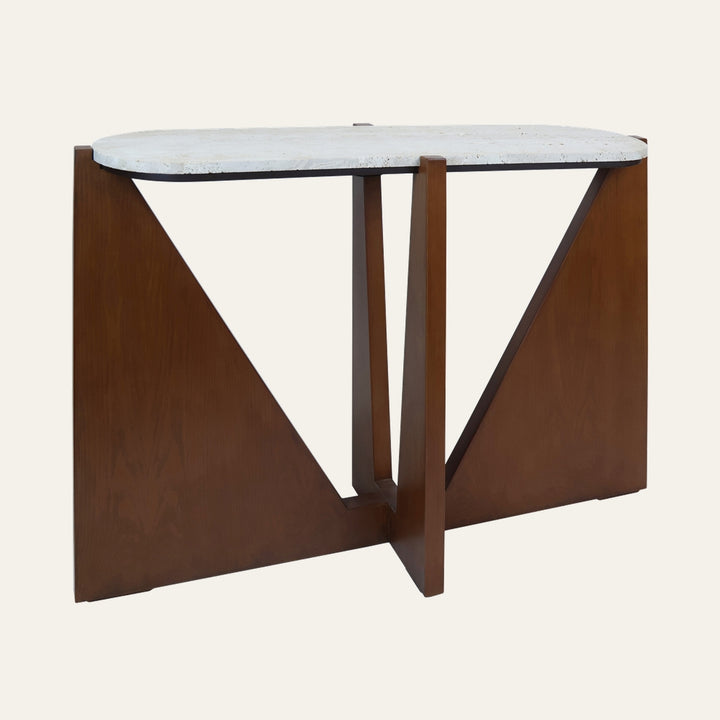 Belin Travertine Console Table with oval light travertine top and angular warm brown wood base with triangular cutouts