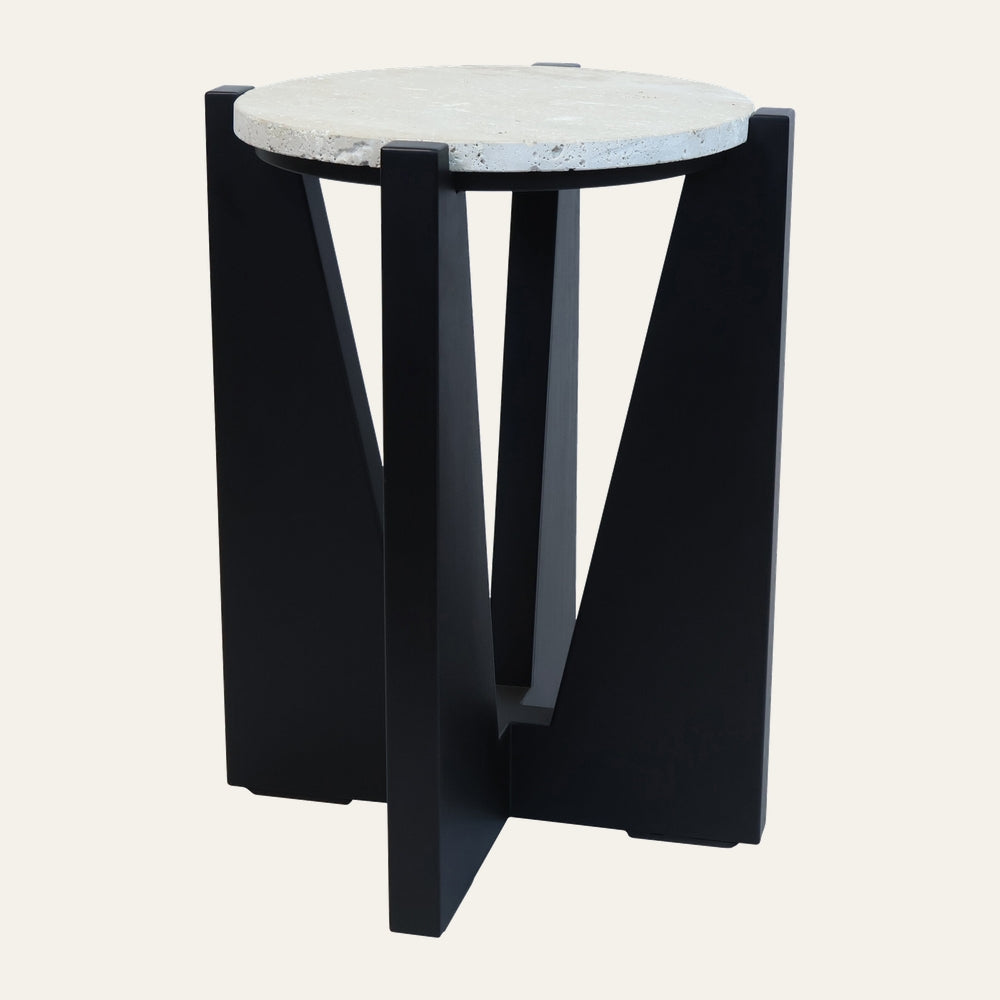 Belin Travertine Side Table with round light travertine top and black angular geometric base