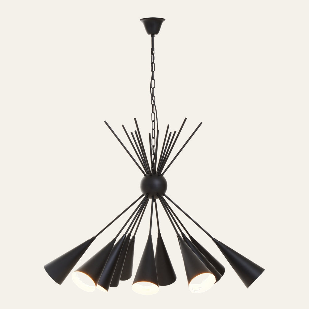 Brrel Matte Black Pendant Light, matte black metal starburst pendant with a round central hub, radiating slim rods and multiple cone-shaped shades suspended from a chain