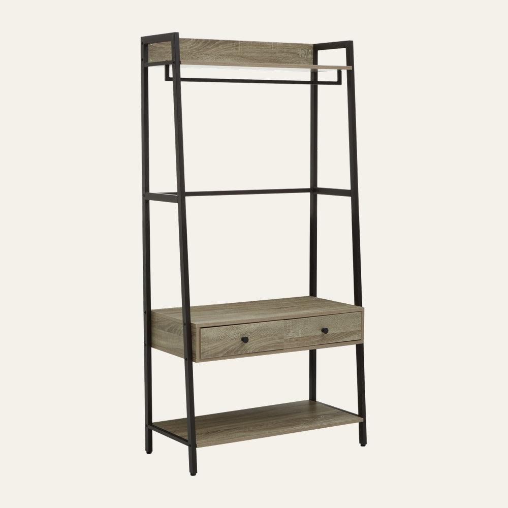Canter Grey Oak Storage Unit with black metal open frame, grey oak-finish top and bottom shelves, integrated hanging rail and a central two-knob drawer