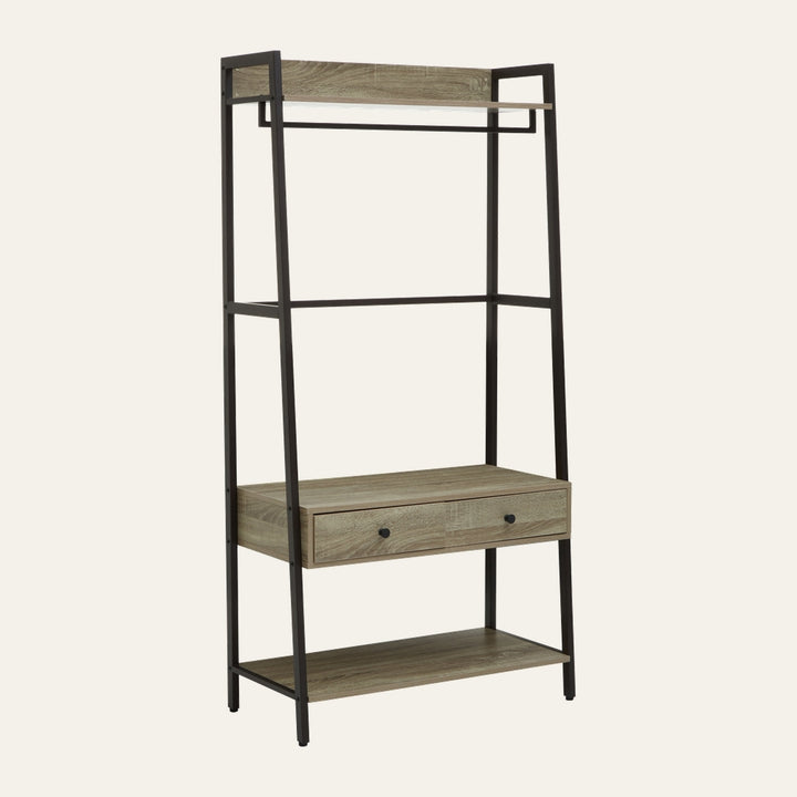 Canter Grey Oak Storage Unit with black metal open frame, grey oak-finish top and bottom shelves, integrated hanging rail and a central two-knob drawer