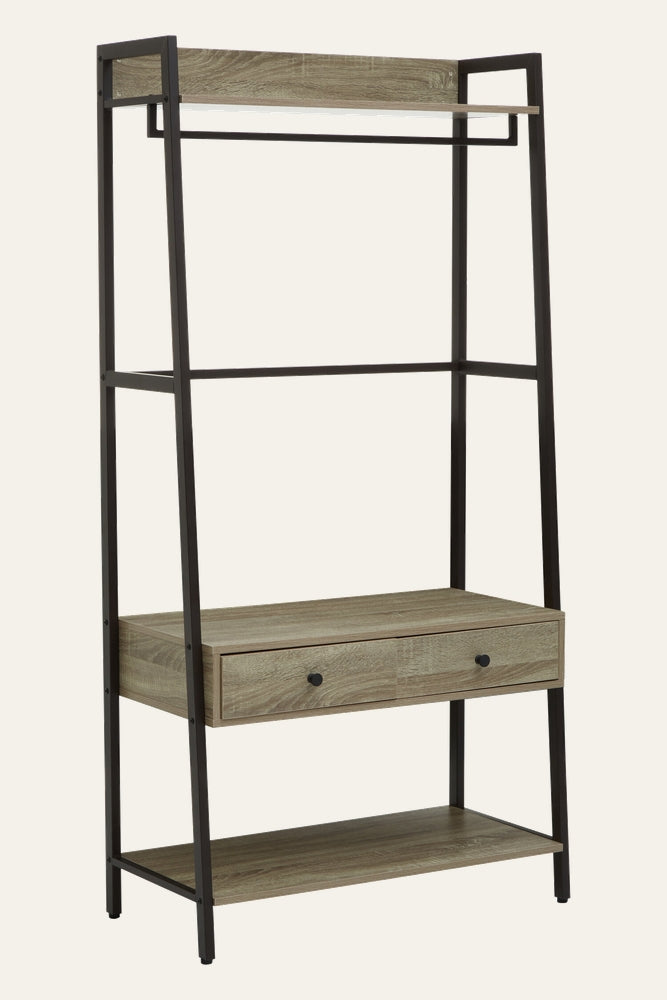 Canter Grey Oak Storage Unit — open shelving unit with grey oak‑finish shelves and twin drawers, black metal ladder frame and round black drawer knobs.
