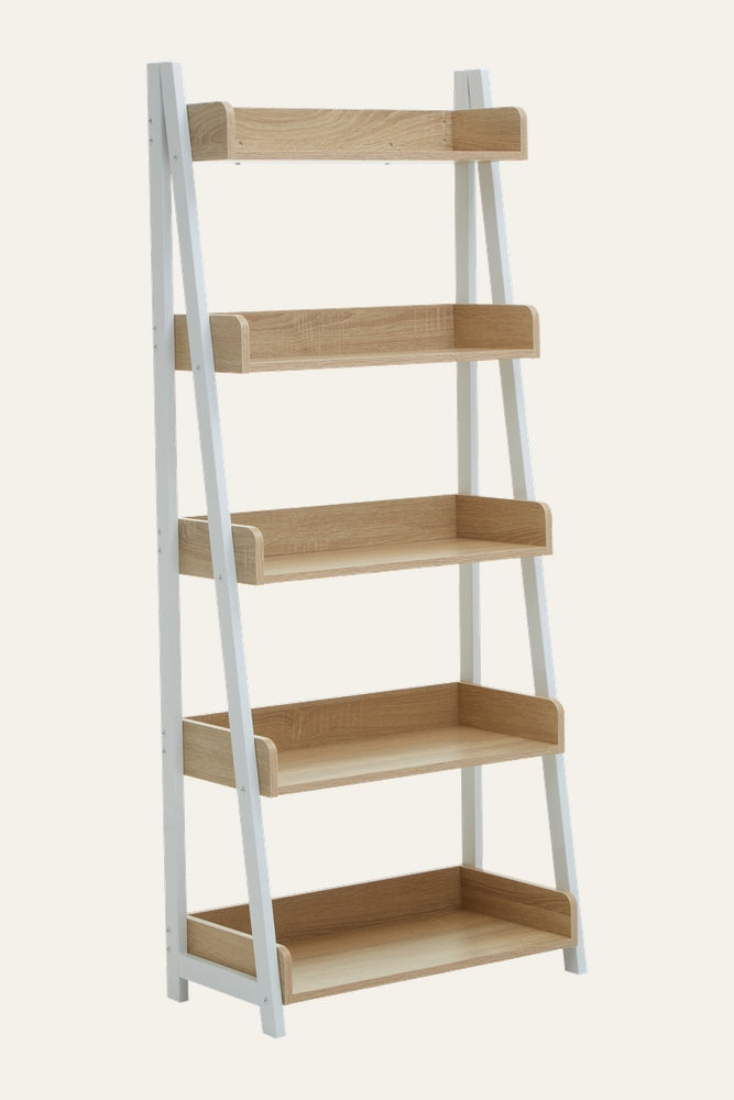 Canter Natural Oak Wood Wall Shelf with five natural oak tray shelves and white leaning ladder-style frame