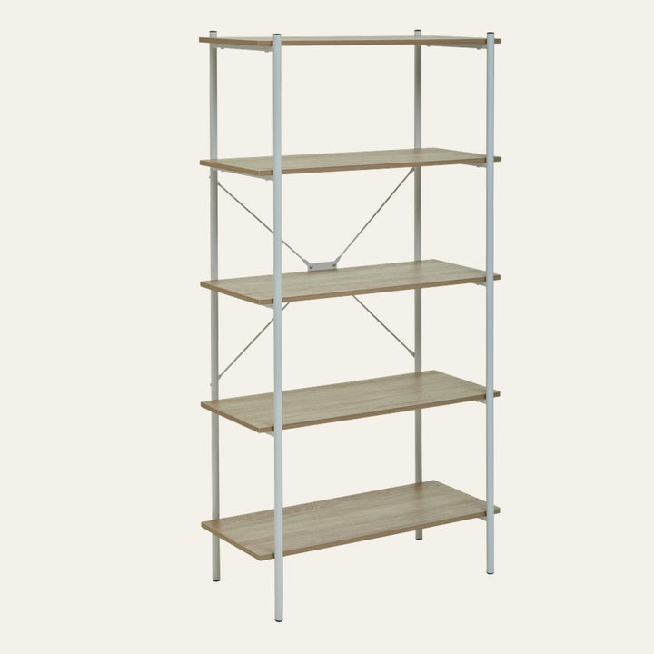 Canter Open Frame Wall Shelf with five light oak‑finish shelves on a white metal tubular frame and X-shaped back braces, open shelving design