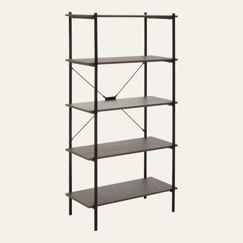 Canter Open Frame Wall Shelf with five dark brown wood-look shelves, slim black tubular metal frame and X-shaped metal back braces