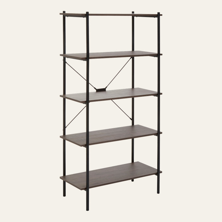 Canter Open Frame Wall Shelf with five dark brown wood-look shelves, slim black tubular metal frame and X-shaped metal back braces