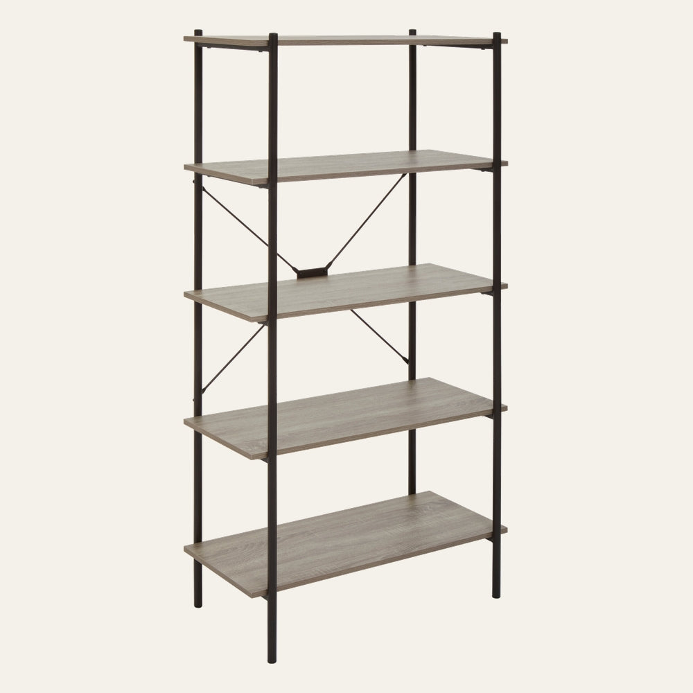 Canter Open Frame Wall Shelf with five light-gray wood-look shelves supported by a slim black metal open frame with X-brace back