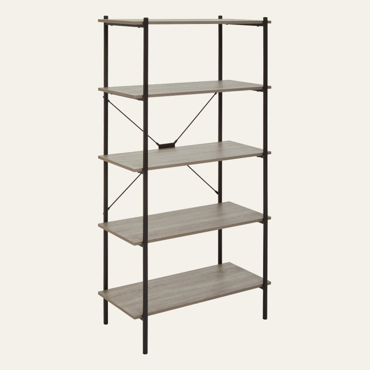 Canter Open Frame Wall Shelf with five light-gray wood-look shelves supported by a slim black metal open frame with X-brace back