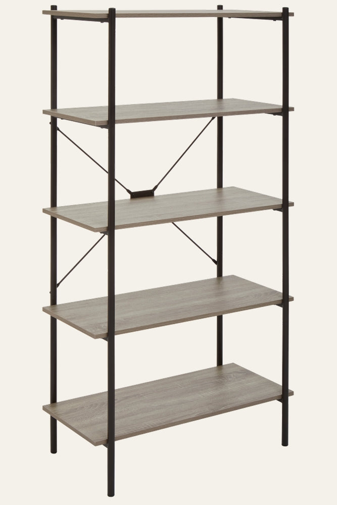 Canter Open Frame Wall Shelf with five light-gray wood-look shelves on a slim black metal open frame with rear cross-brace