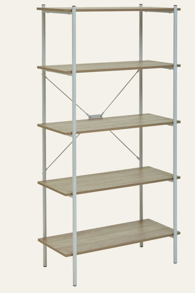 Canter Open Frame Wall Shelf with five light wood-tone shelves, white tubular metal frame and X-shaped metal back braces, open minimalist design