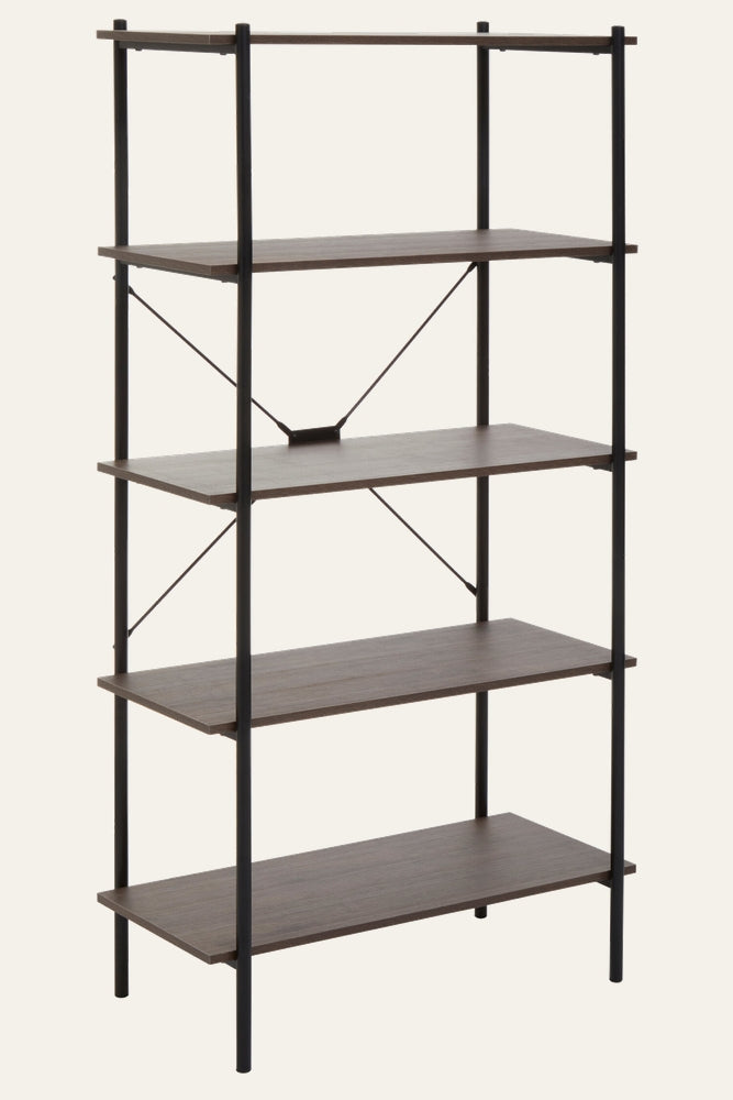 Canter Open Frame Wall Shelf, five-tier unit with brown wood-look shelves and slim black metal frame with X-brace back