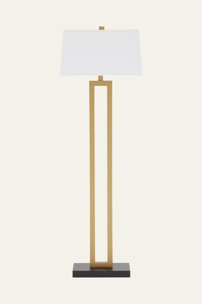Celdora Floor Standing Floor Lamp with open rectangular gold metal frame, white rectangular fabric shade, and dark rectangular base