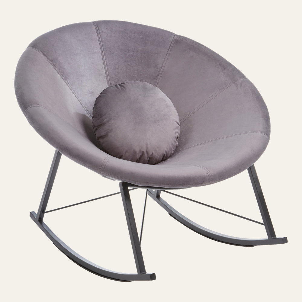 Celriya Rocking Chair with saucer-shaped velvet mauve seat and round matching pillow on a dark gray metal rocking base