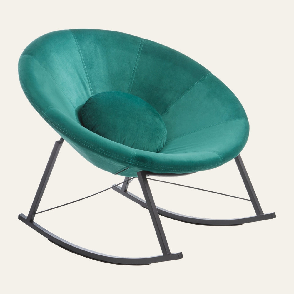 Celriya Rocking Chair — teal velvet scoop seat with round matching cushion on a black metal rocking base