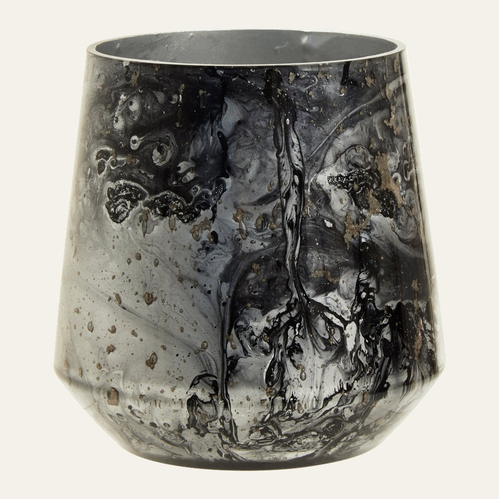 Celthea Grey Marble Glass Candle Holder, tapered faceted glass with grey and black marbleized swirls and metallic fleck accents, glossy finish