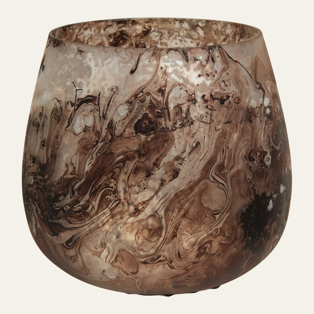 Celthea Marble Effect Candle Holder, rounded glass holder with brown and cream marbled swirls and a glossy finish