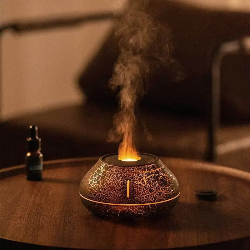Aromatherapy diffuser with steam rising on a wooden table