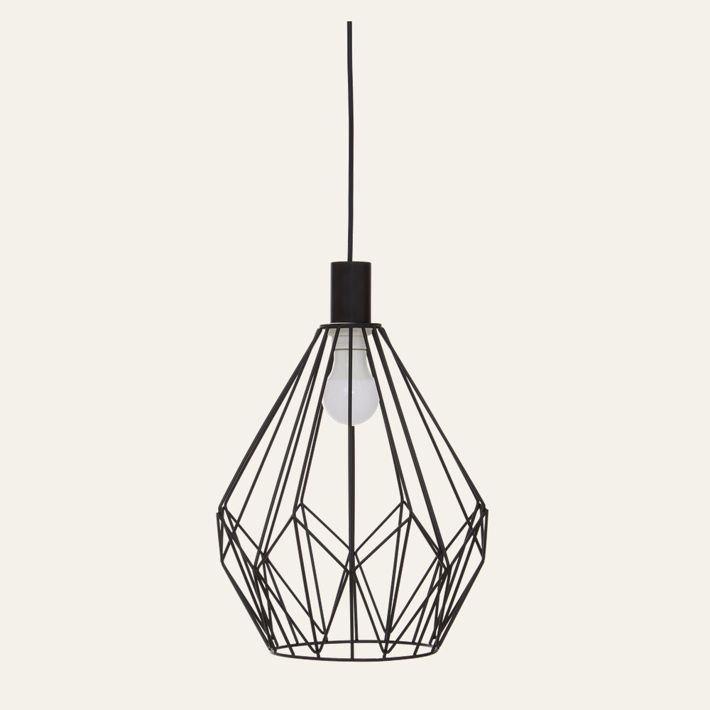 Coren Open Frame Ceiling Light — matte black geometric wireframe pendant with exposed bulb and black cord