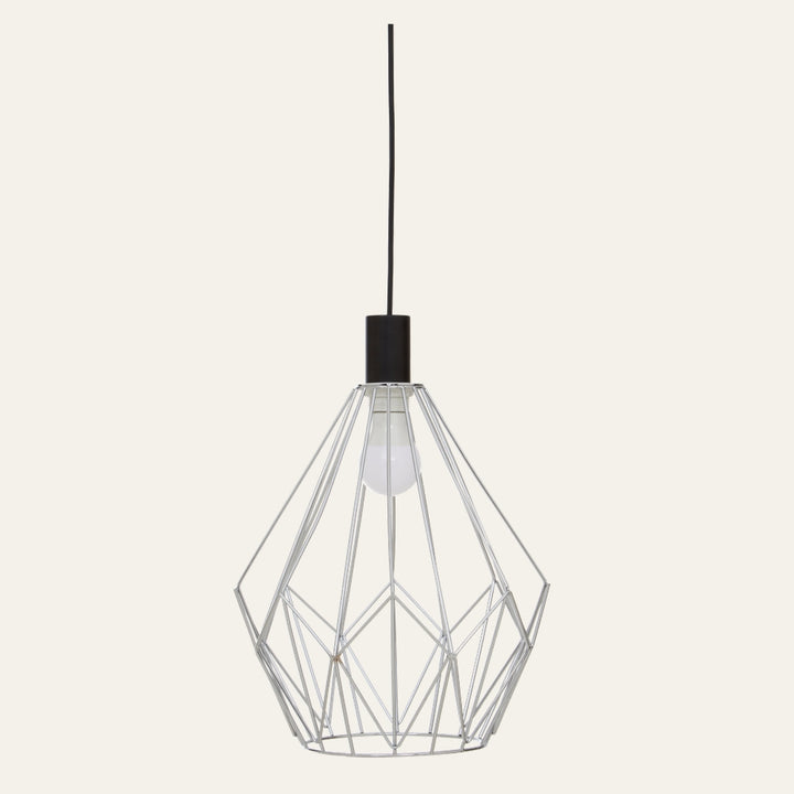 Coren Open Frame Ceiling Light — silver metal geometric open-wire pendant with black cylindrical socket and cord and exposed bulb