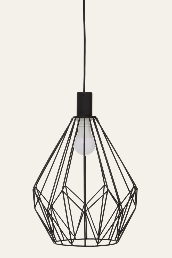 Coren Open Frame Ceiling Light — black metal open geometric cage pendant with exposed bulb and black cord