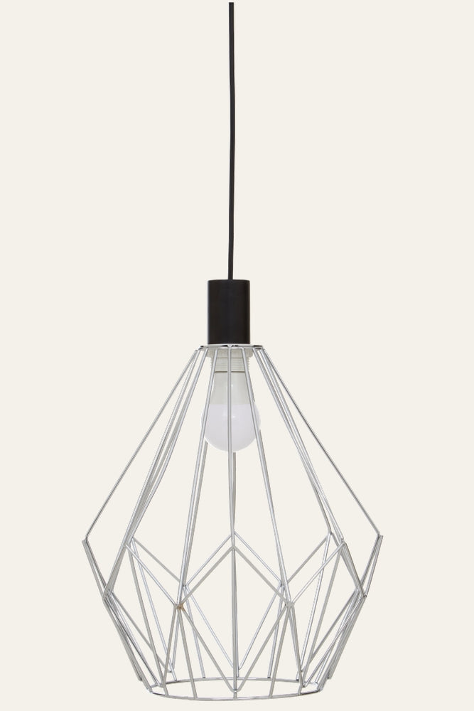 Coren Open Frame Ceiling Light — geometric silver metal wireframe pendant shade with exposed bulb, black cylindrical socket and black suspension cord