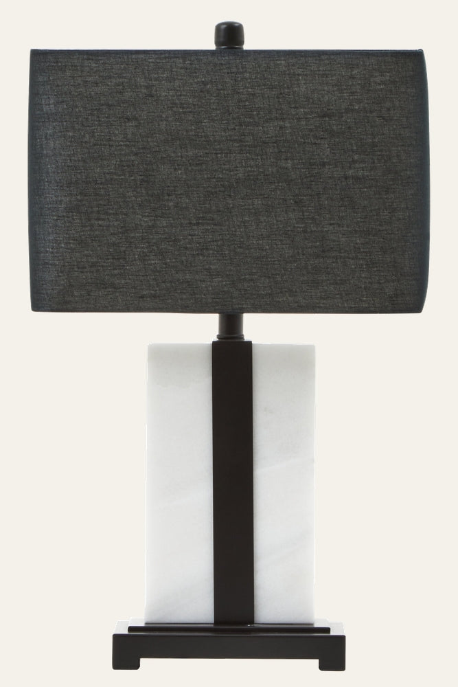 Doran Marble Table Lamp — rectangular white marble block base with central matte black metal vertical strip and black rectangular fabric shade