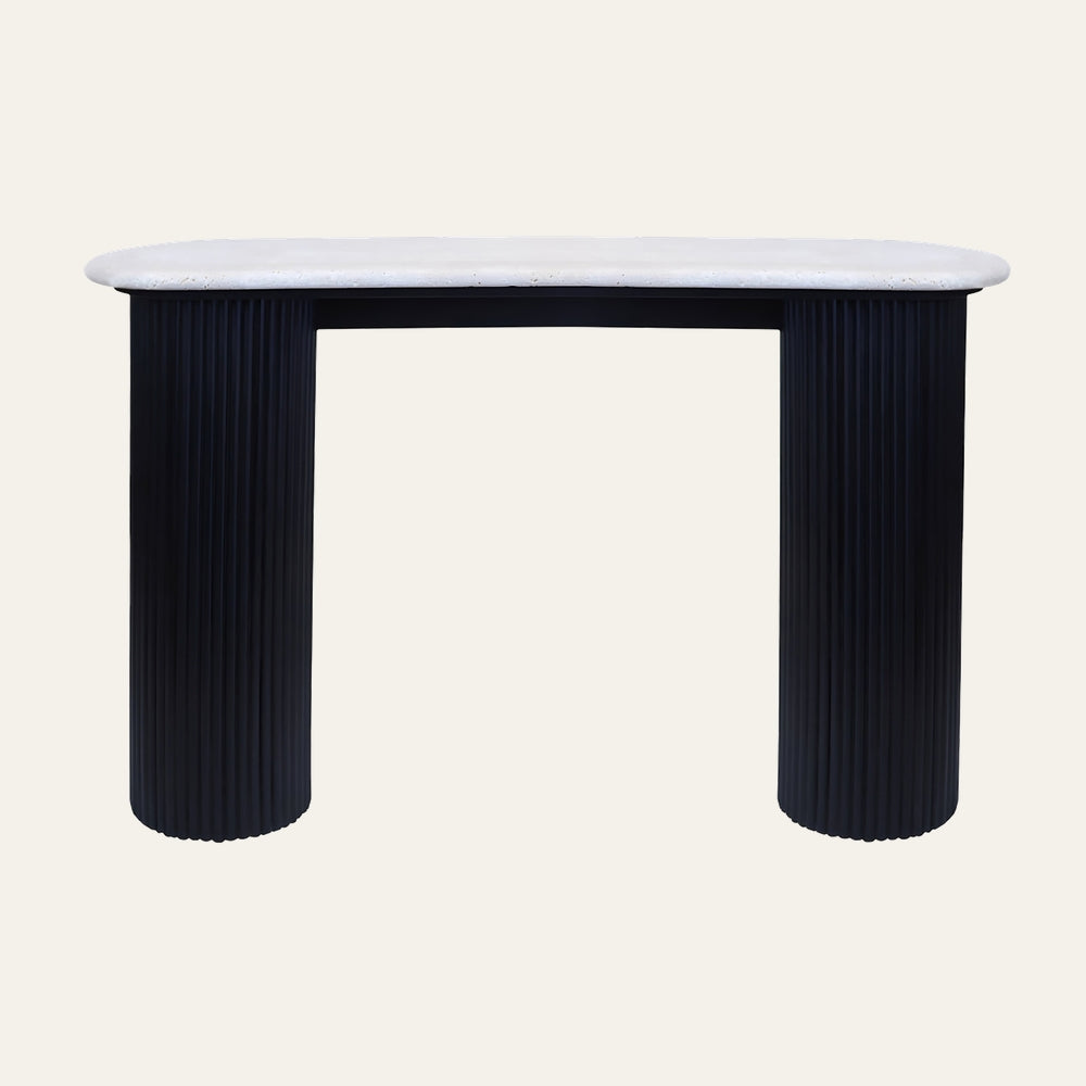 Dorar Travertine Top Console Table with rounded white travertine top and black fluted cylindrical legs