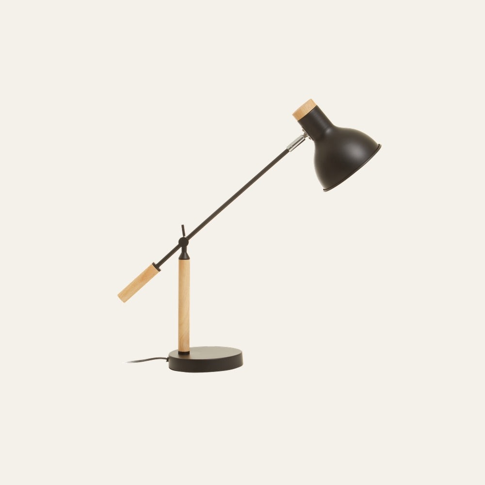 Dorlin Matte Black Table Lamp with matte black metal shade and round base, angled adjustable arm and natural wood stem and handle