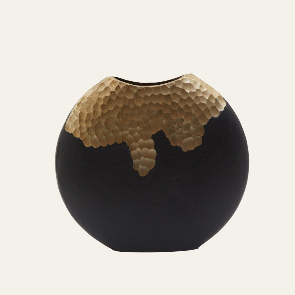 Doror Round Metal Vase with round black metal body, hammered gold textured rim and small top opening