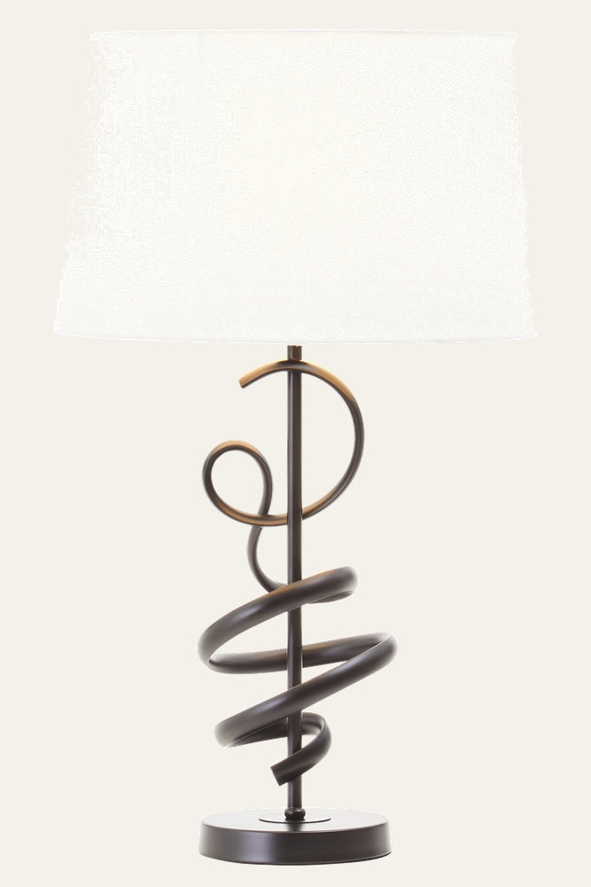 Dorrel Squiggle Table Lamp with ivory rectangular fabric shade and dark bronze metal spiral base wrapped around a central rod with round metal foot