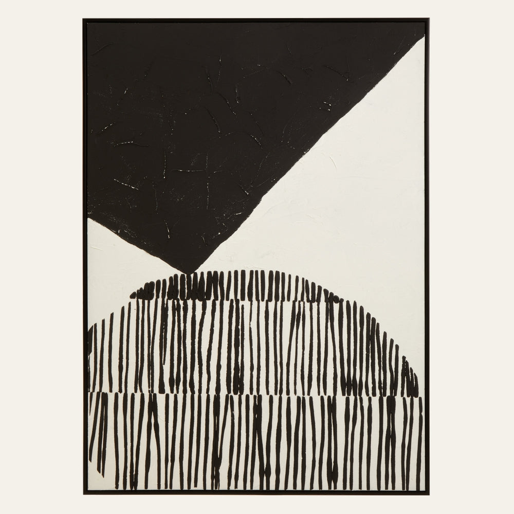 Dorven Abstract Painted Wall Art — black and white painted canvas with textured black triangle at top and semicircle of vertical black brushstroke lines below, slim black frame
