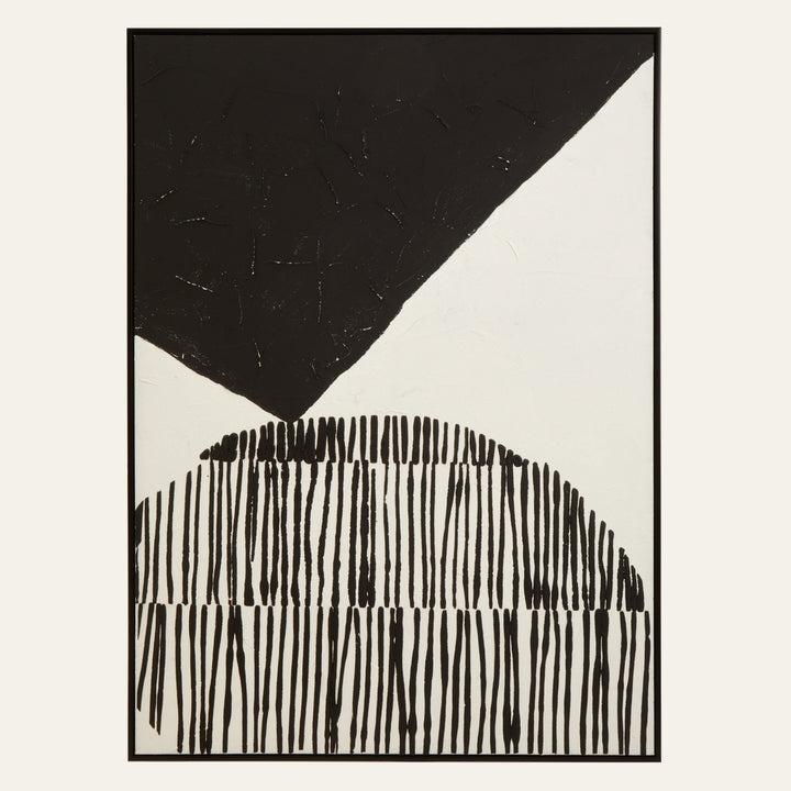 Dorven Abstract Painted Wall Art — black and white painted canvas with textured black triangle at top and semicircle of vertical black brushstroke lines below, slim black frame