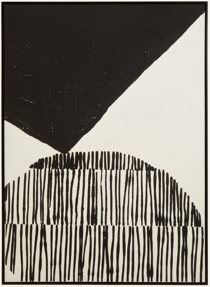 Dorven Abstract Painted Wall Art — black textured triangle at top meeting a half‑circle of vertical black brushstrokes on a white textured painted canvas, displayed in a thin black frame.