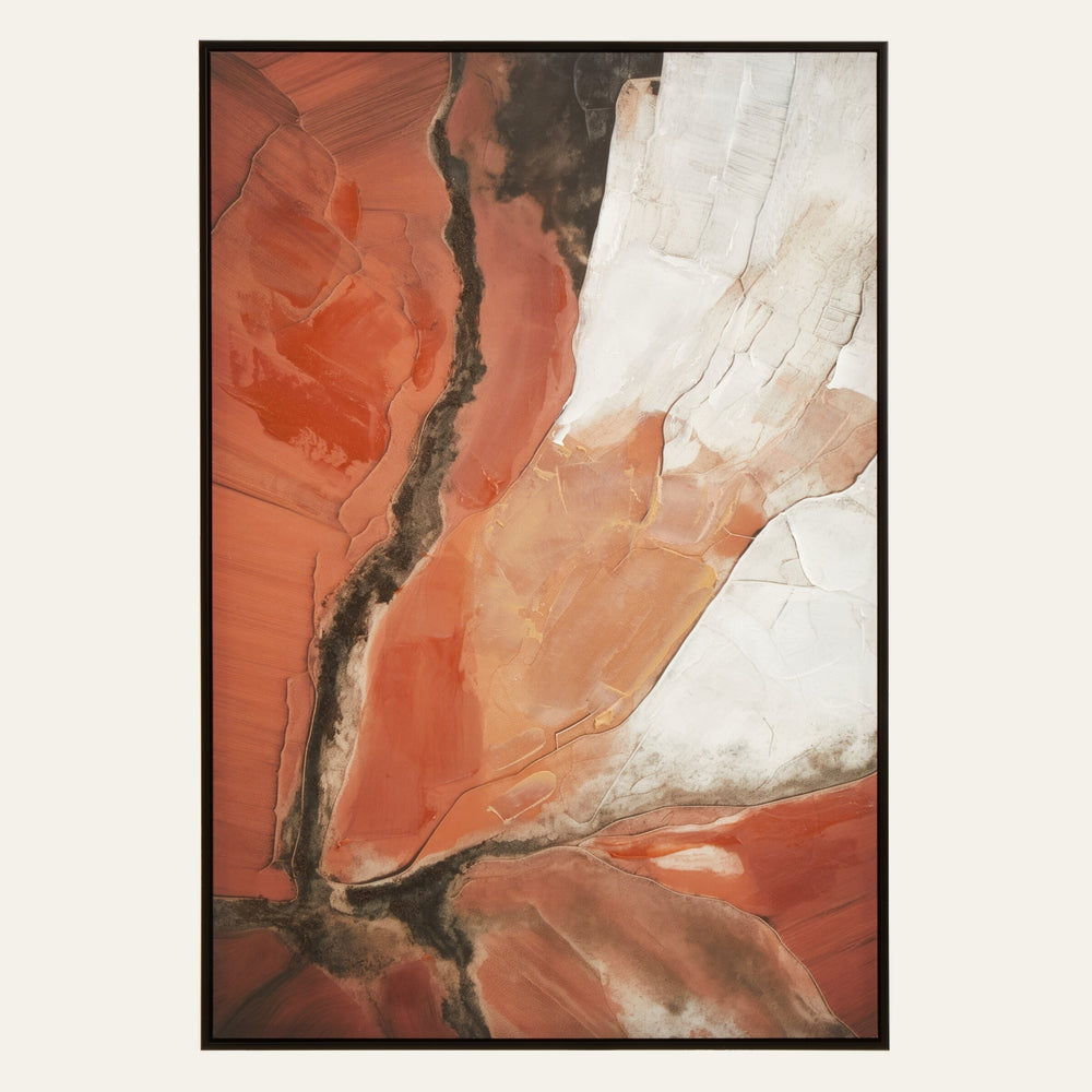 Dorven Abstract Textured Wood Wall Art — rectangular framed wood panel with layered textured abstract design in terracotta orange, white and dark veining, visible scraped texture and soft earthy tones.