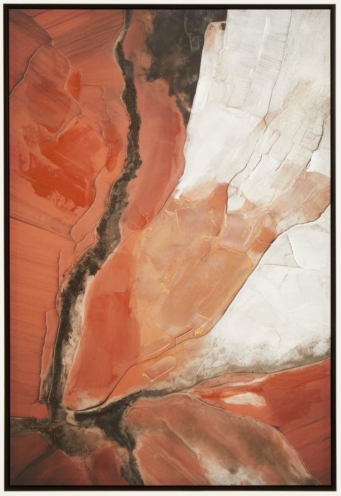 Dorven Abstract Textured Wood Wall Art — vertical framed wood panel with layered textured paint in terracotta, rust, cream and white, accented by dark charcoal veins and flowing organic shapes.