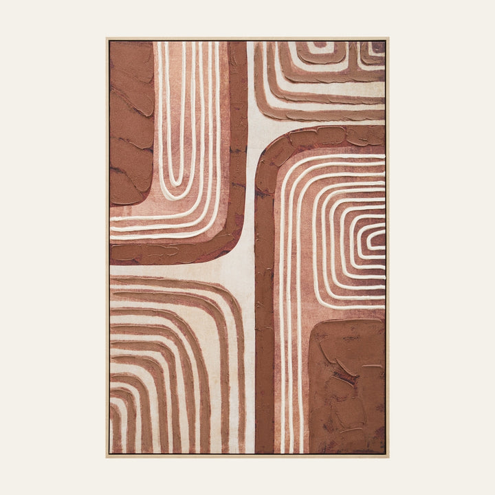 Dorven Earthy Textured Wall Art — rectangular framed abstract canvas with raised earthy terracotta and cream concentric arch lines and textured impasto finish