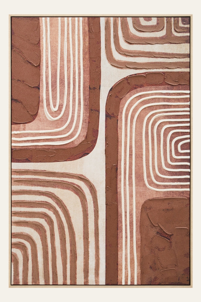Dorven Earthy Textured Wall Art — framed canvas with raised textured terracotta and warm-brown concentric rounded-rectangle stripes on a cream background
