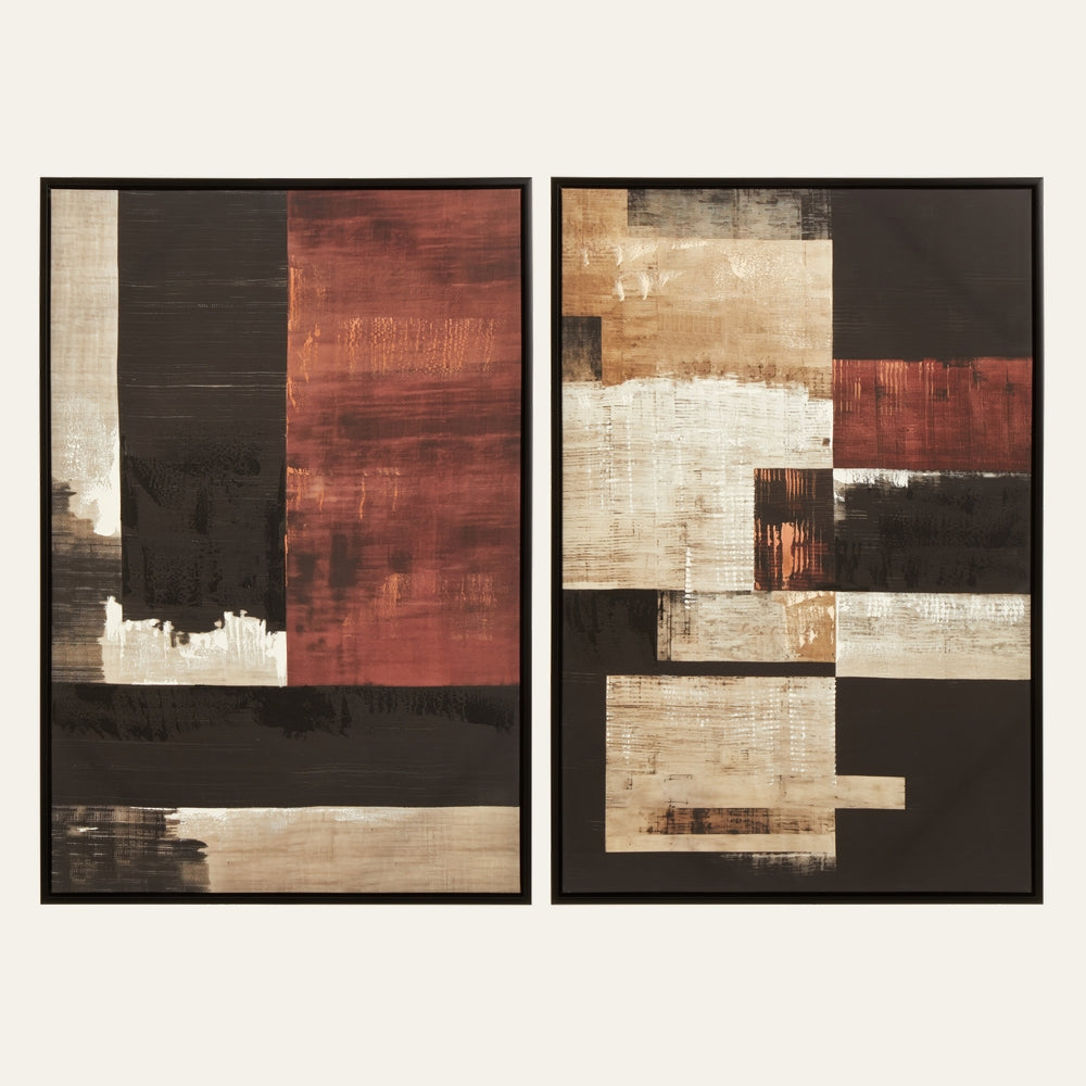 Dorven Geometric Abstract Wood Wall Art – two framed wood panels featuring bold geometric blocks in burnt red, black and beige with distressed brushed wood-grain texture and slim black frames.