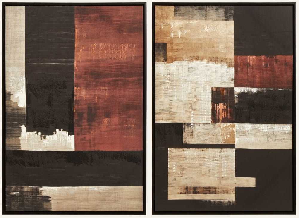 Dorven Geometric Abstract Wood Wall Art — two-panel wood wall art in thin black frames, abstract geometric blocks in rust red, black, beige and cream with visible textured brushstroke finish.