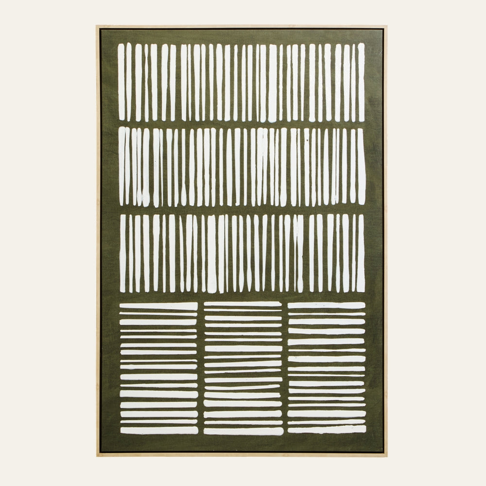 Dorven Green & Natural Wall Art: rectangular framed canvas with olive-green background, white hand-painted vertical and horizontal stripe grid, light natural wood frame