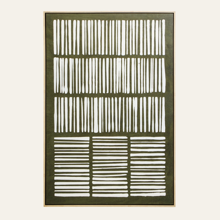 Dorven Green & Natural Wall Art: rectangular framed canvas with olive-green background, white hand-painted vertical and horizontal stripe grid, light natural wood frame