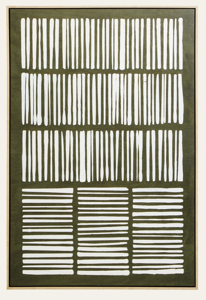 Dorven Green & Natural Wall Art — olive green canvas with rows of white hand-painted vertical and horizontal brushstroke lines, mounted in a natural wood frame.
