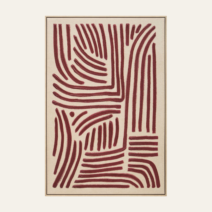 Dorven Linear Abstract Wall Art, rectangular framed canvas with beige background and textured raised maroon linear brushstroke pattern