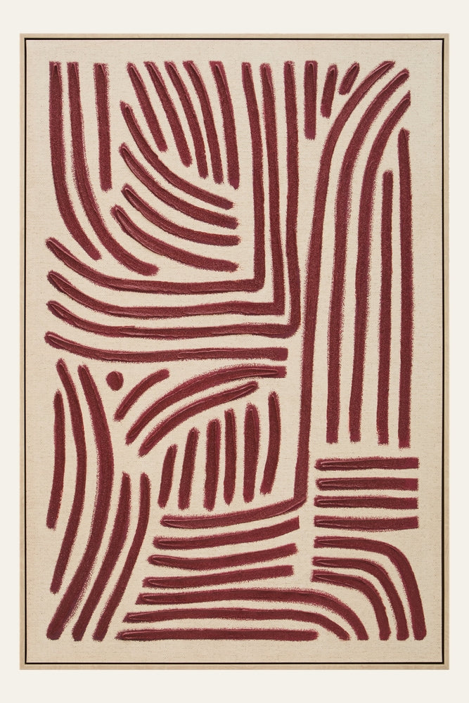 Dorven Linear Abstract Wall Art — vertical framed canvas with textured burgundy linear strokes forming an abstract pattern on a natural linen background