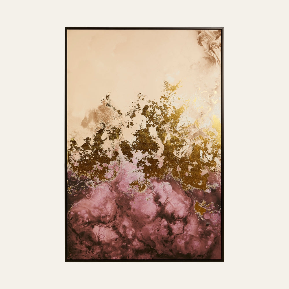 Dorven Mauve Wall Art, vertical rectangular framed abstract print with deep mauve marbling at the bottom, metallic gold accents splattering into a soft cream upper background, thin dark frame